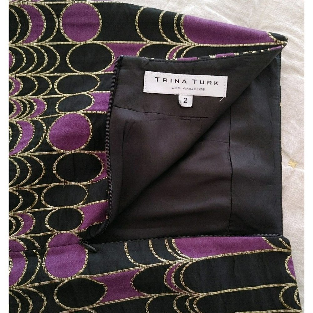 Trina Turk Rico Mini Skirt High Rise Gold Foil Circles Purple Black Size 2 - Picture 4 of 5